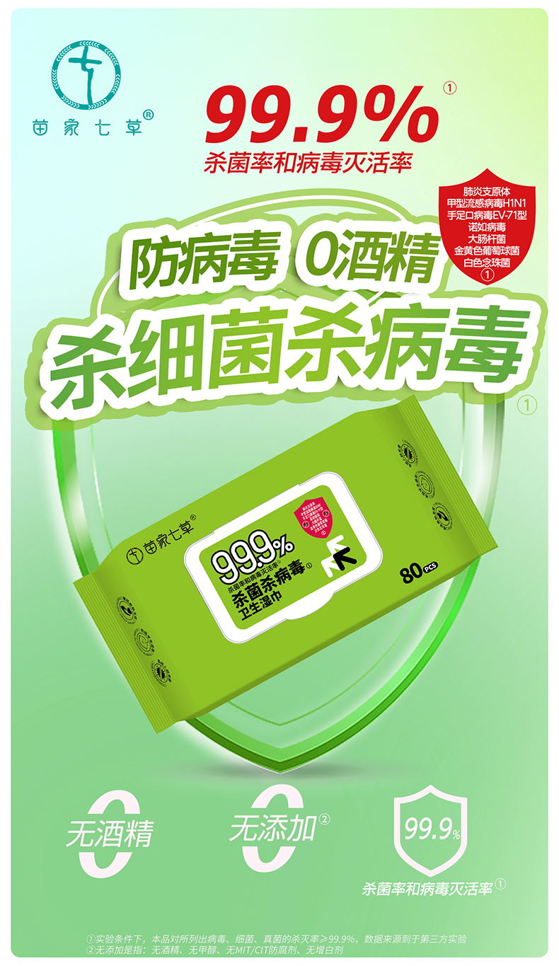 【苗家七草】消字号家居消杀卫生湿巾 80片/包 30包/箱 货号GM149
